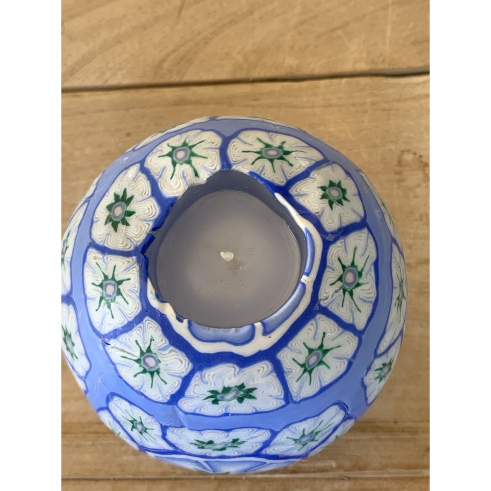 Millefiori Blue Floral Decorative Wax Ball Candle Single Wick Glow Vintage New - Picture 6 of 11